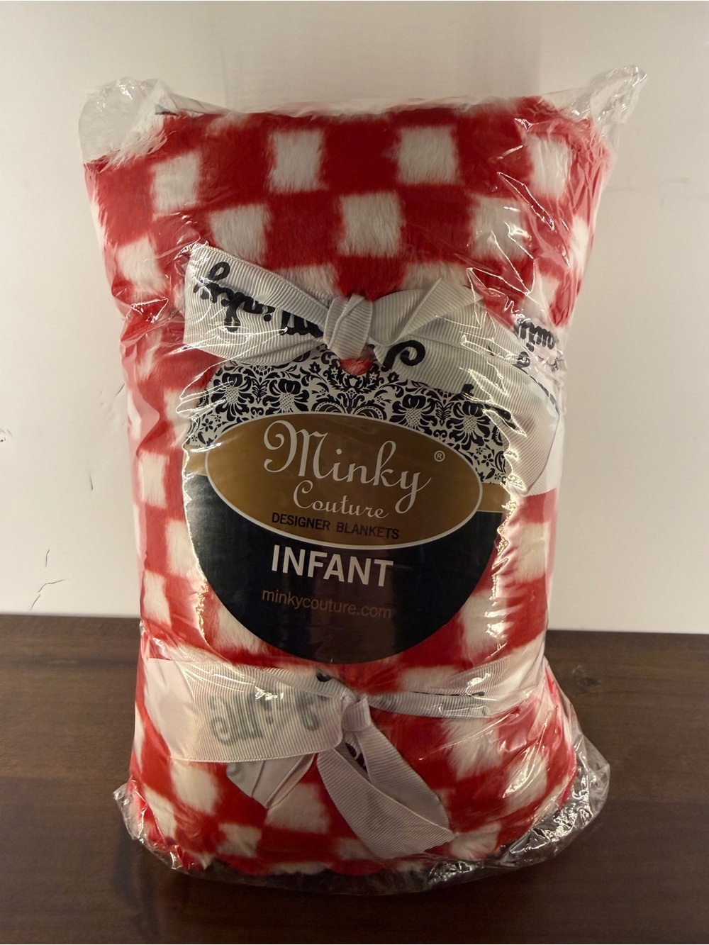 Minky Couture Plush Infant Baby Blanket - Red & White Check Pattern Checkered